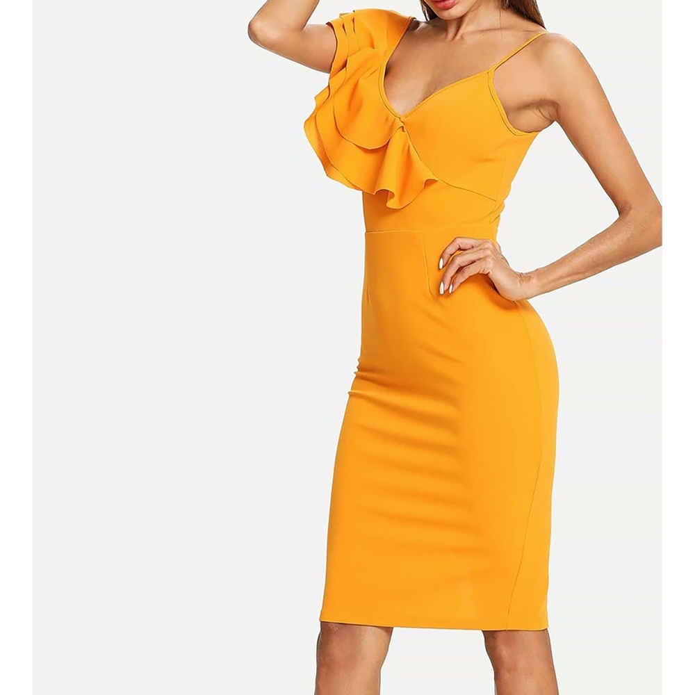 Yellow Ruffle Sleeve Bodycon Pencil Midi Dress - Picture 5 of 7